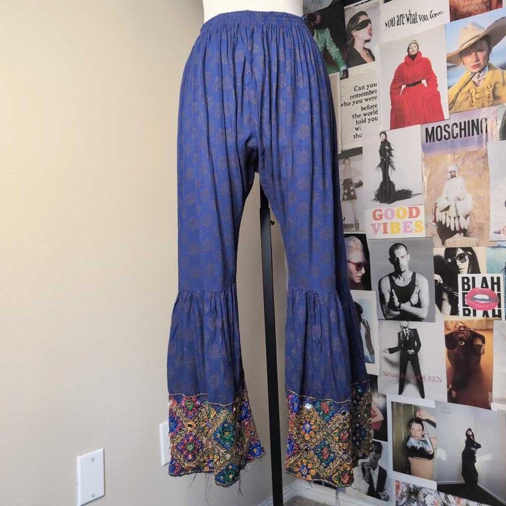 Blue Embroidered Bell Bottom Pants